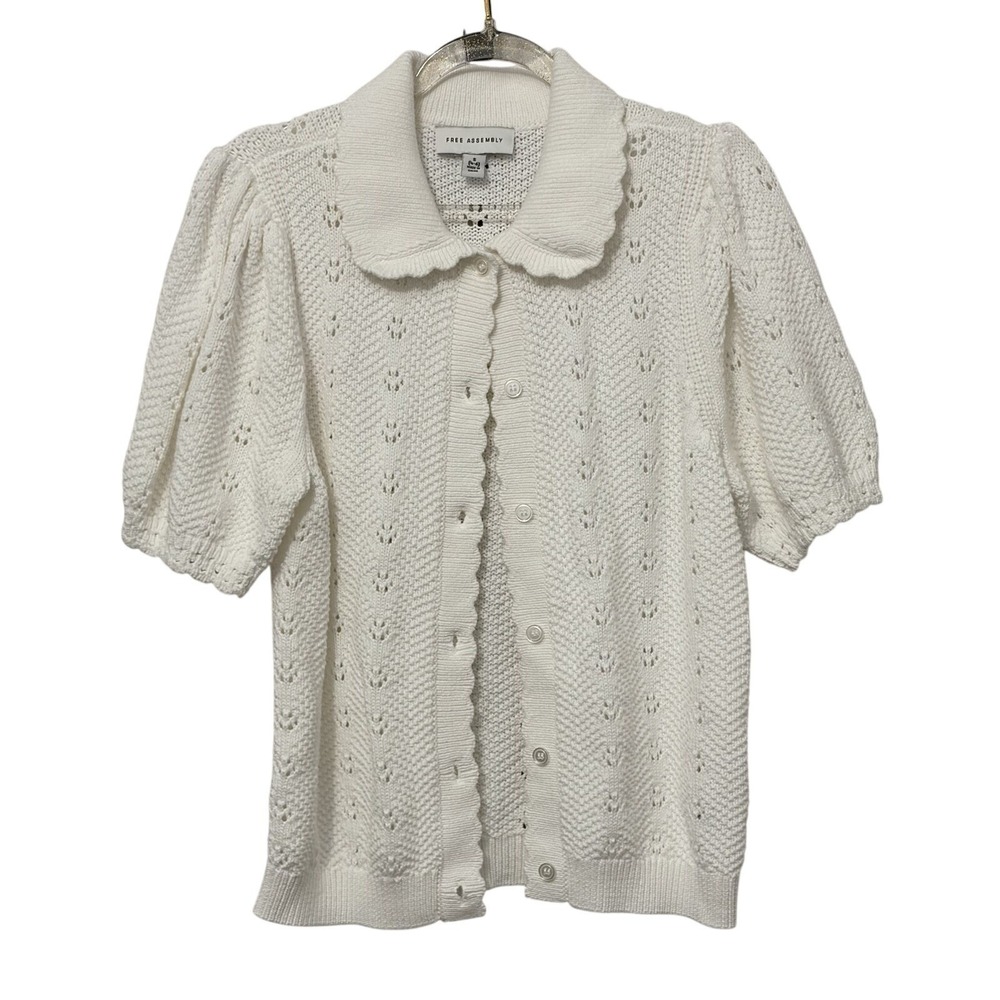 Whimsical Crochet Eyelet Puff Sleeve Cottagecore Top S Coquette Grandma Cotton